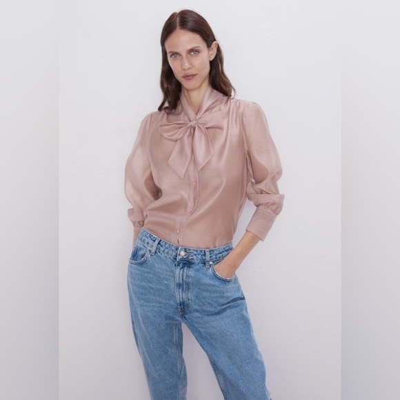 Tops - Nude organza blouse with bow at neckline